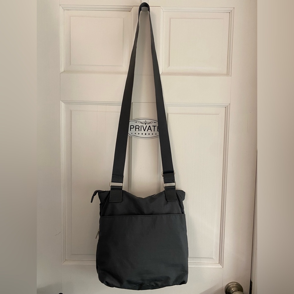 Baggallini Gray Crossbody Bag w/ Zip Closure, Pink Interior, and Lots of Pockets - Picture 3 of 5